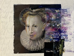 Micky Focke Use 2020 40x40 cm Oil on Photoprint Collage on Canvas